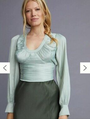 Anthropologie Blouson Sleeve Sage Green Long Sleeve Ruched Top Size XL Coquette